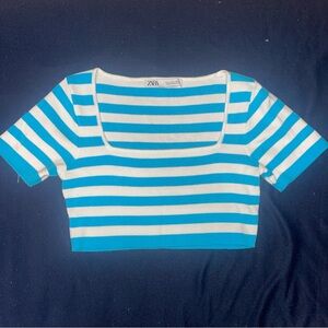 Zara Blue White Striped Knitted Cropped Top Short Sleeve Women’s Sz Small